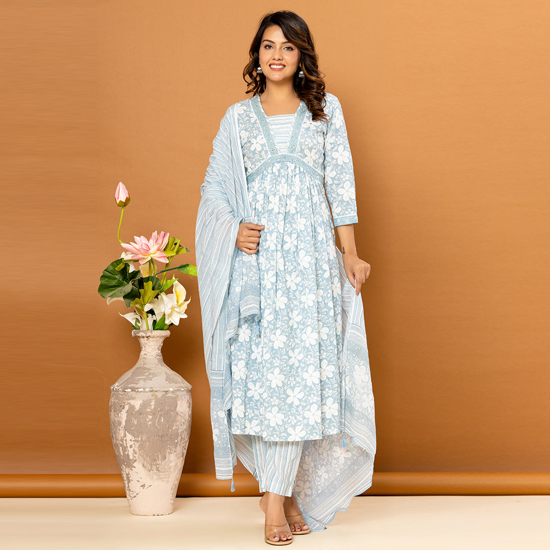 Light Blue Floral Printed Cotton Suit