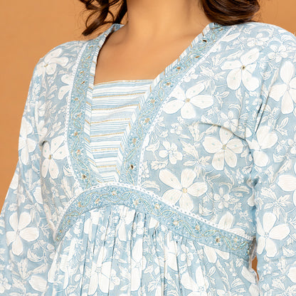 Light Blue Floral Printed Cotton Suit