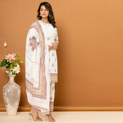 Light White Printed Elegant Cotton Suit