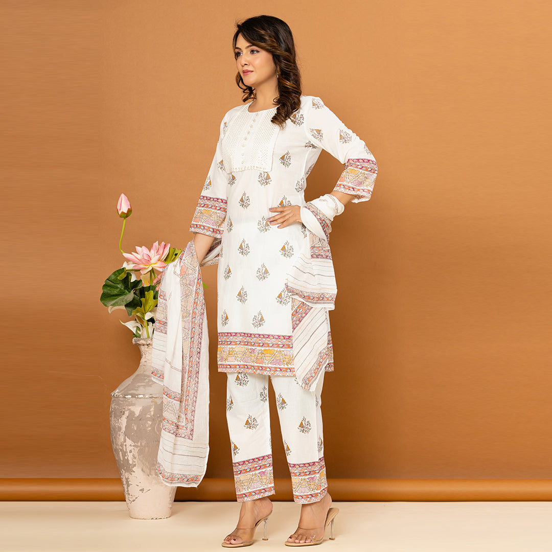 Light White Printed Elegant Cotton Suit