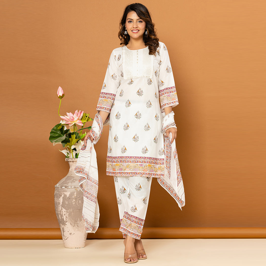 Light White Printed Elegant Cotton Suit