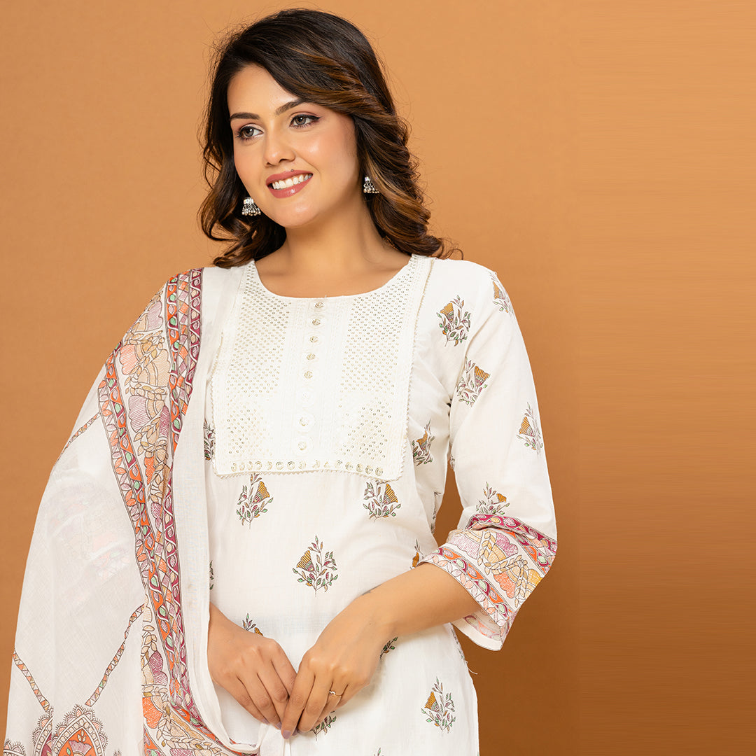 Light White Printed Elegant Cotton Suit