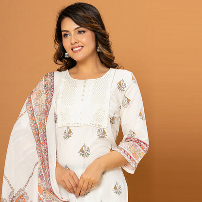 Light White Printed Elegant Cotton Suit