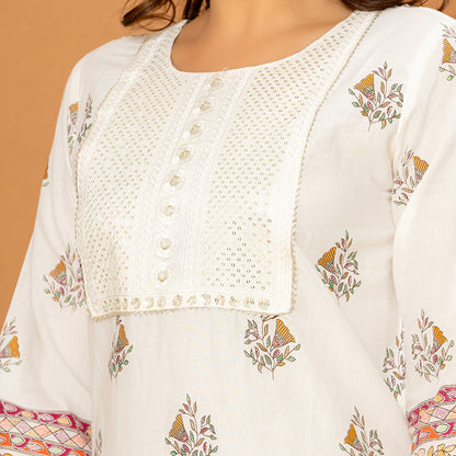 Light White Printed Elegant Cotton Suit