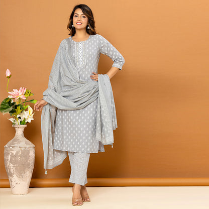 Grey Floral Printed Cotton Suit