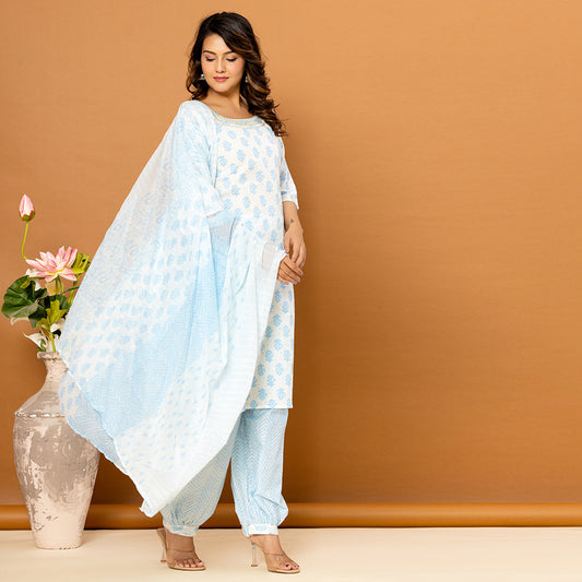 White Sky Blue Afghani with Zari & Mirror Work Front Neck Cotton Suit