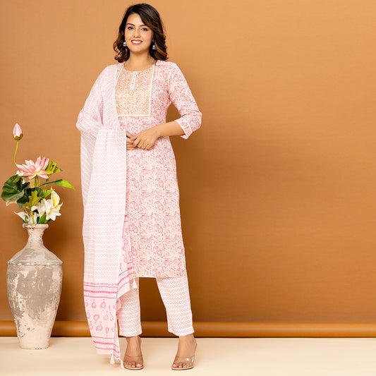Baby Pink with Paisley Print Cotton Suit