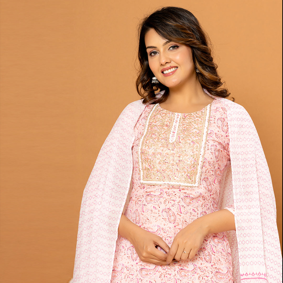 Baby Pink with Paisley Print Cotton Suit