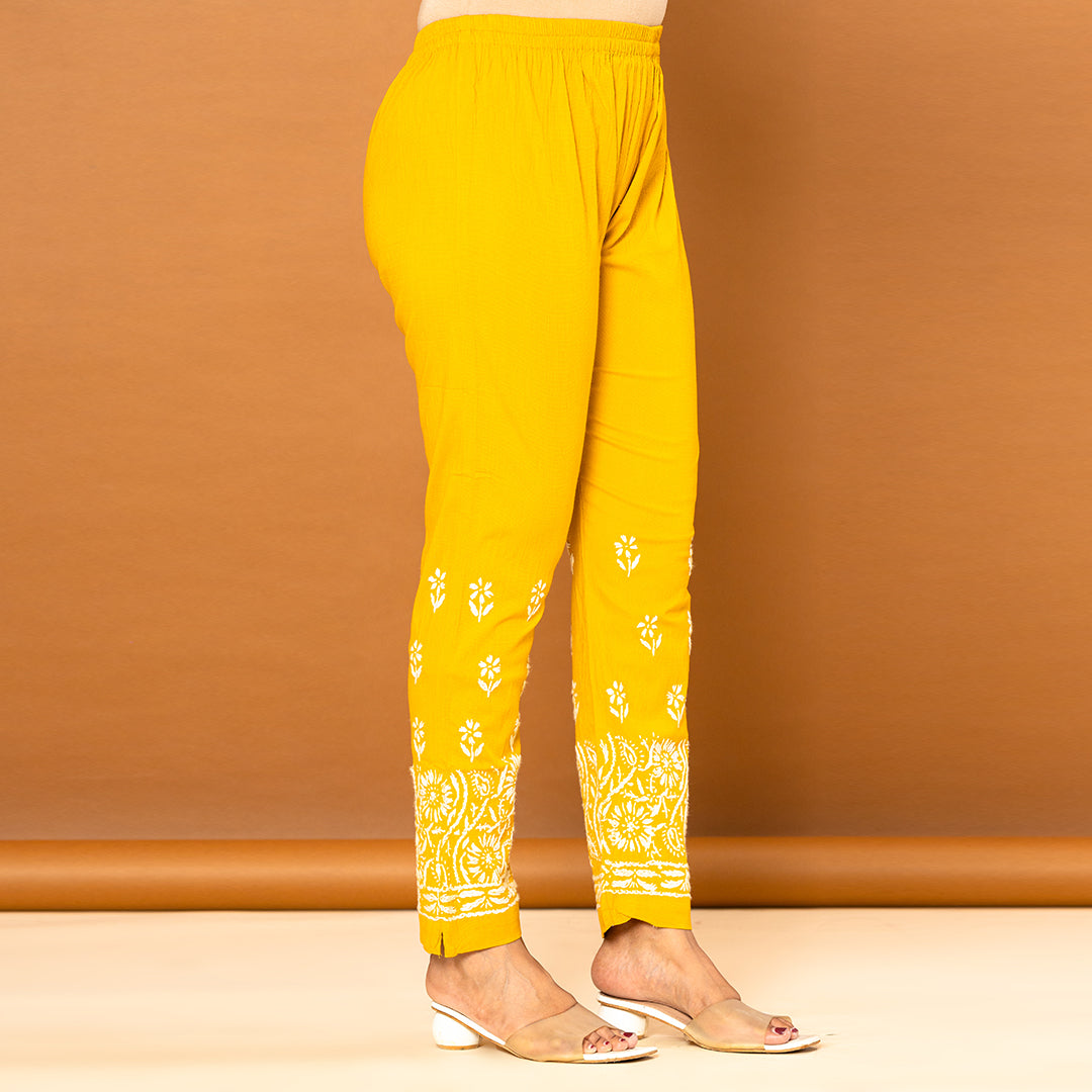 Mustard Yellow Hand Chikankari Straight Pant