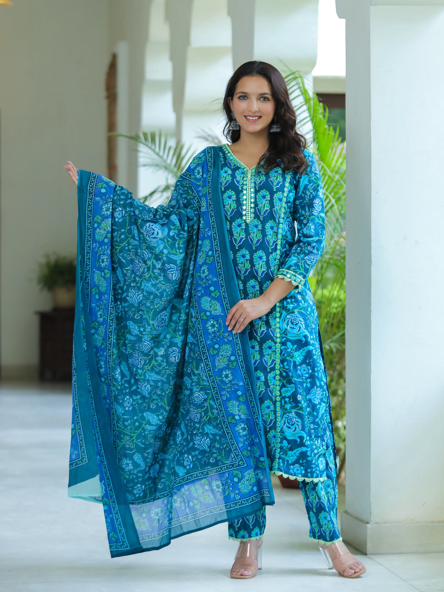 Ocean Blue Mirror Work Cotton Suit