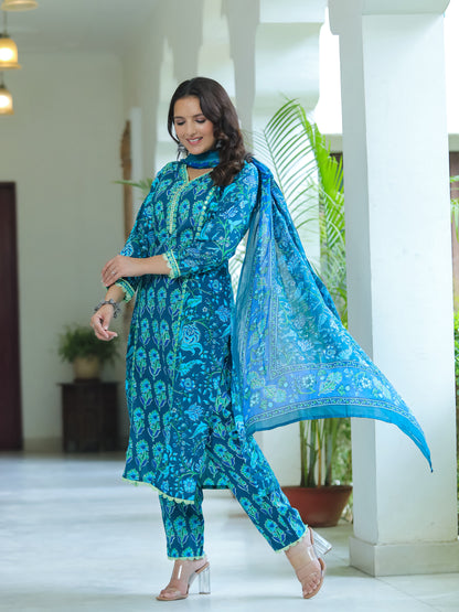 Ocean Blue Mirror Work Cotton Suit