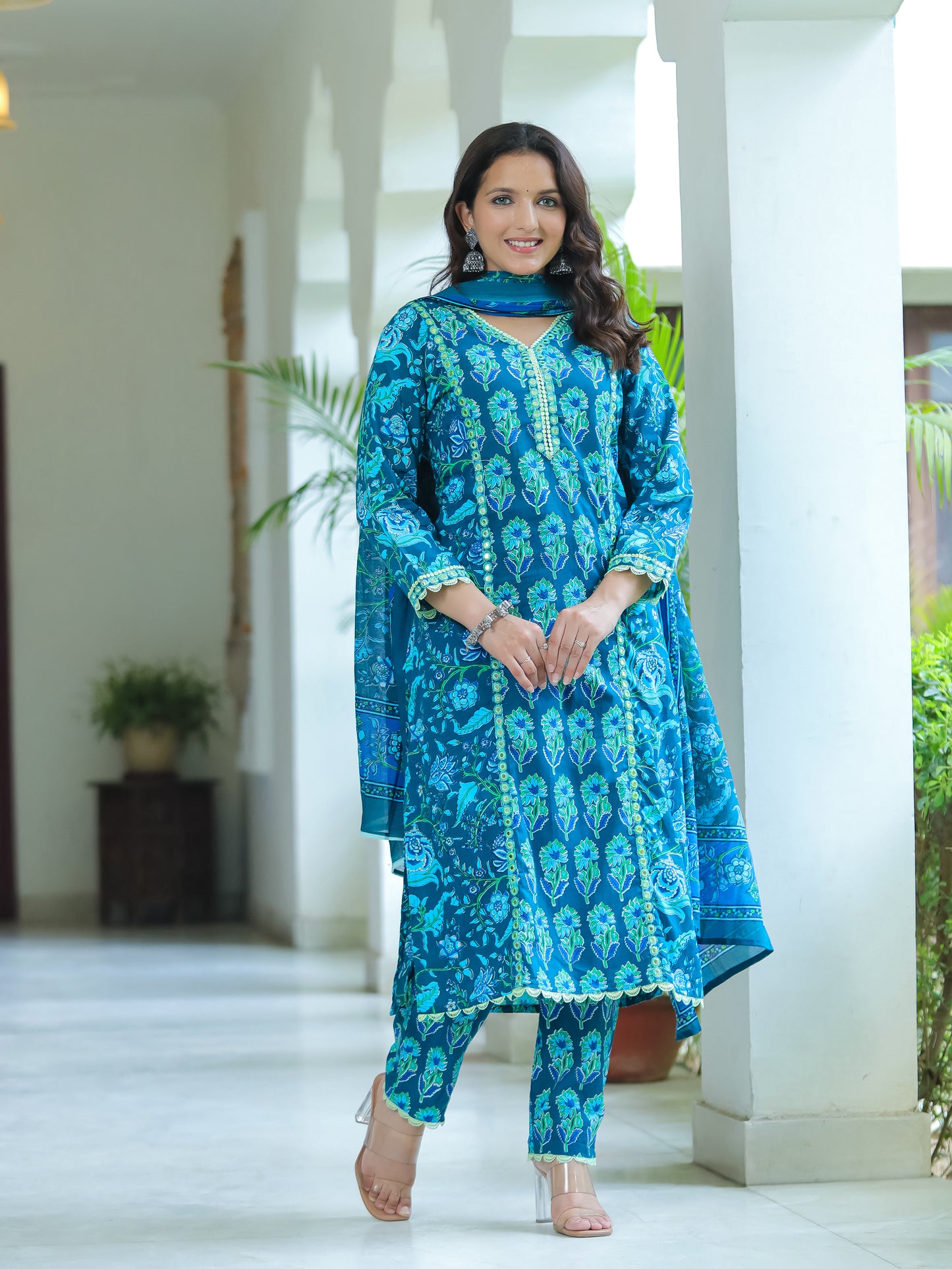 Ocean Blue Mirror Work Cotton Suit