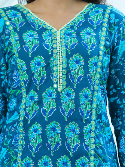 Ocean Blue Mirror Work Cotton Suit