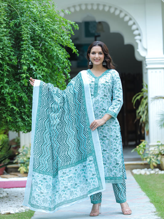 Turquoise Blue Floral Printed Cotton Suit