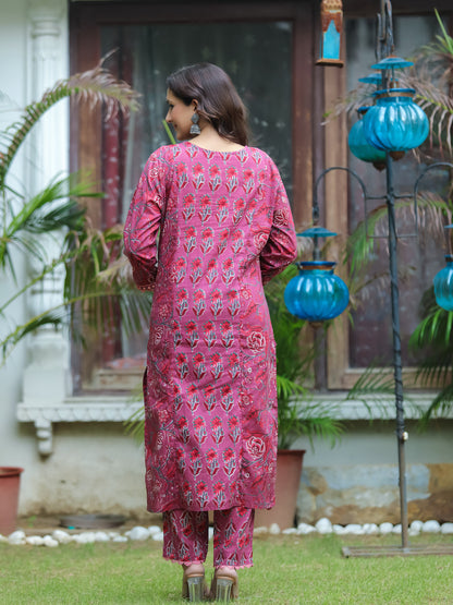 Dark Fuschia Mirror Work Cotton Suit