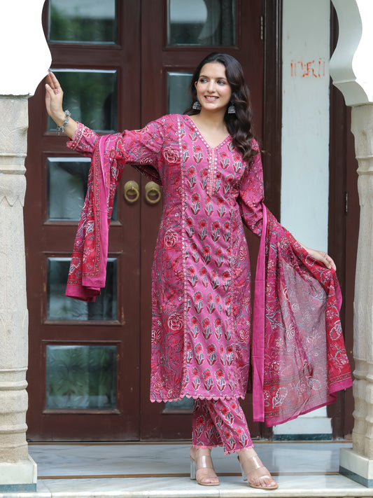 Front view of a Dark Fuschia Mirror Work Cotton Suit from Cottons Daily, featuring a straight-cut top with intricate mirror and lace work, a V-neckline, and 3/4th sleeves, paired with floral printed straight-fit pants adorned with lace detailing, and a matching floral printed dupatta.