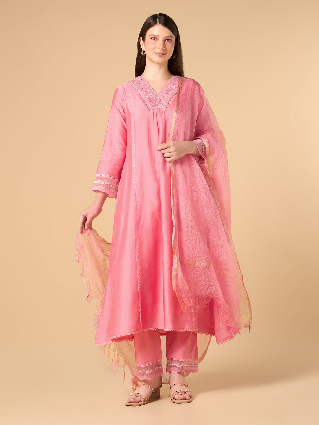 Rose Pink Solid Chanderi Cotton Suit