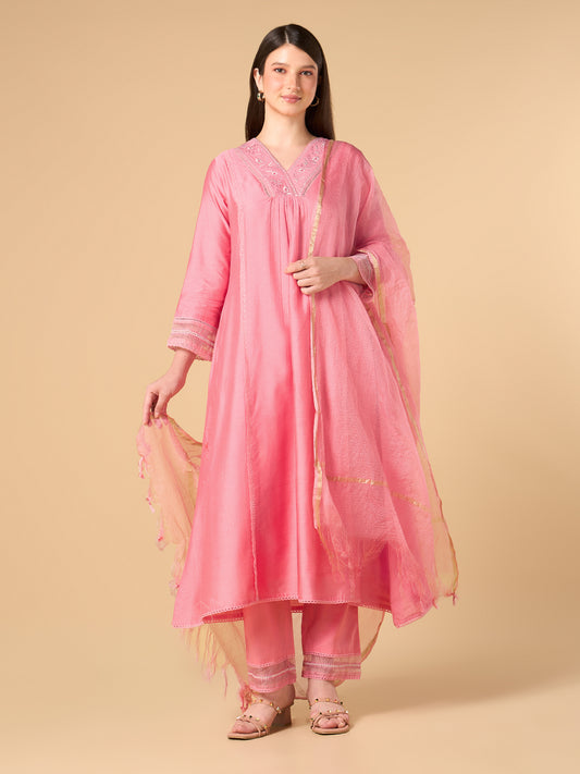 Rose Pink Solid Chanderi Cotton Suit