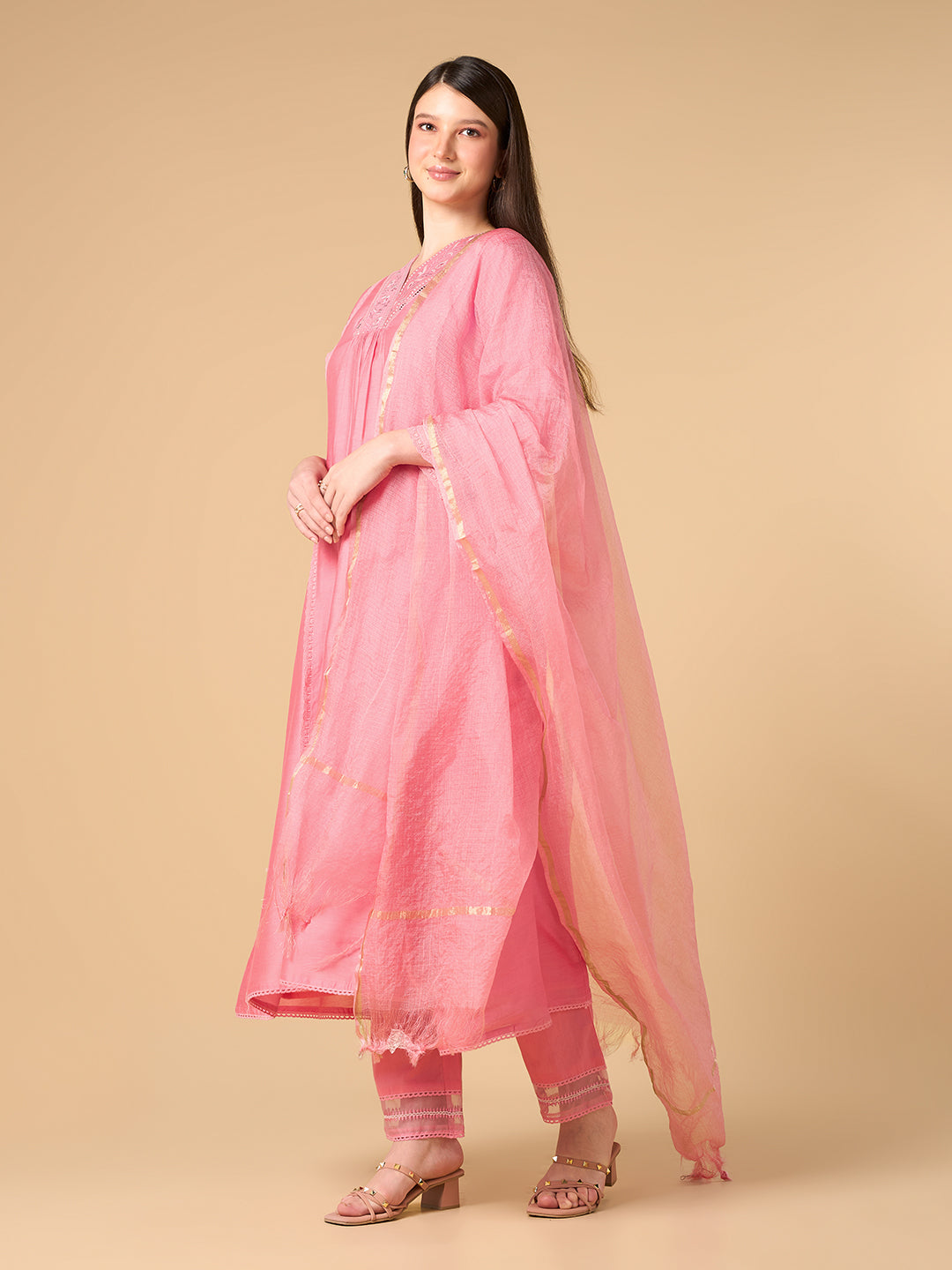 Rose Pink Solid Chanderi Cotton Suit