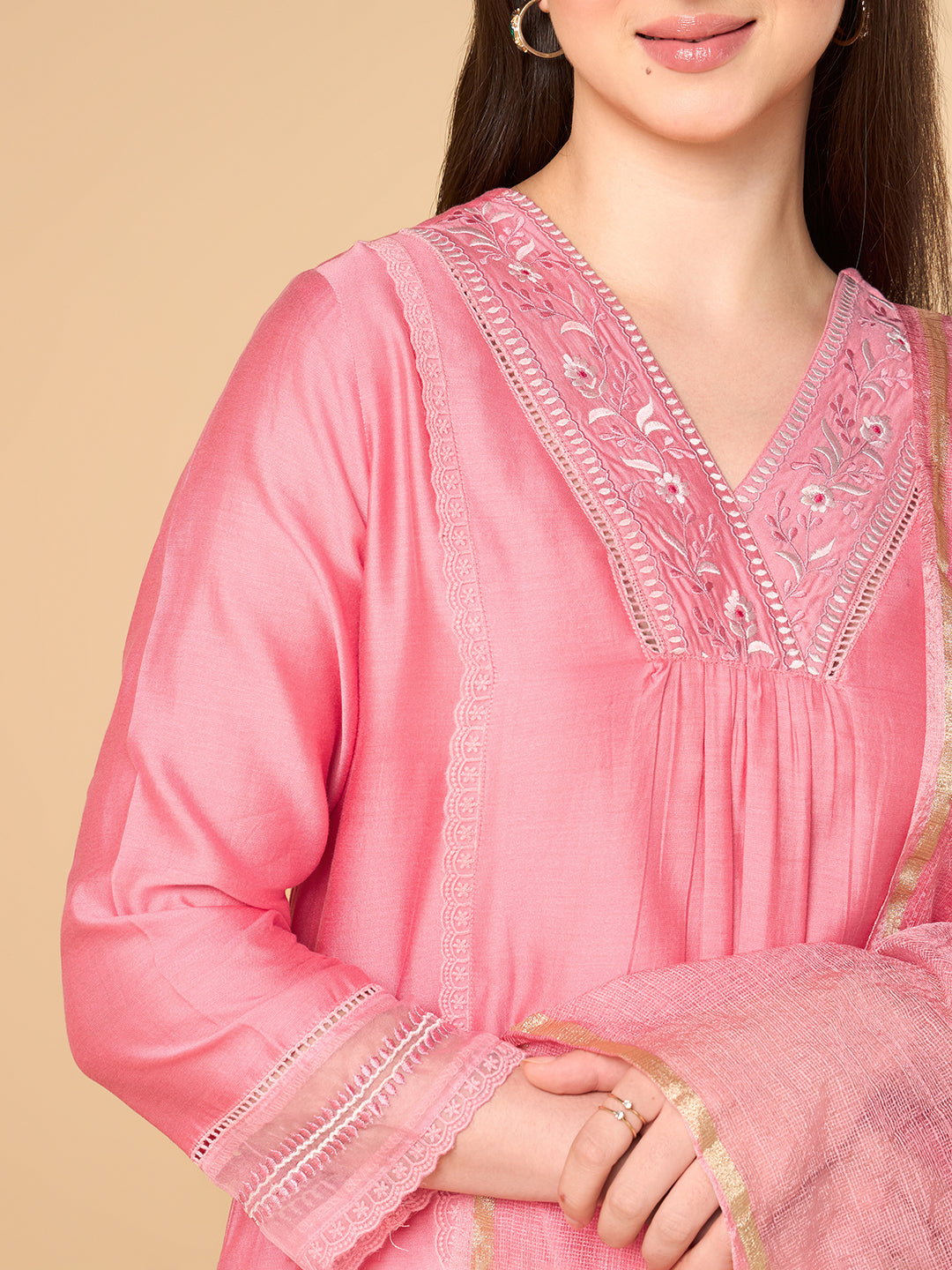 Rose Pink Solid Chanderi Cotton Suit