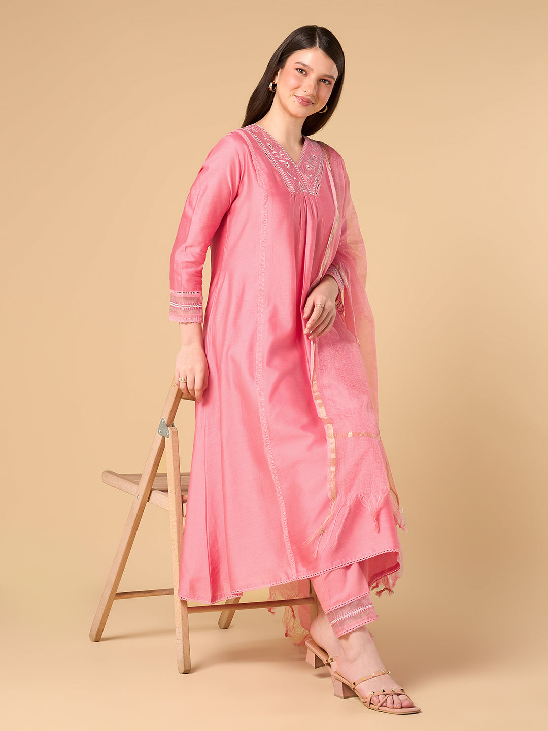 Rose Pink Solid Chanderi Cotton Suit
