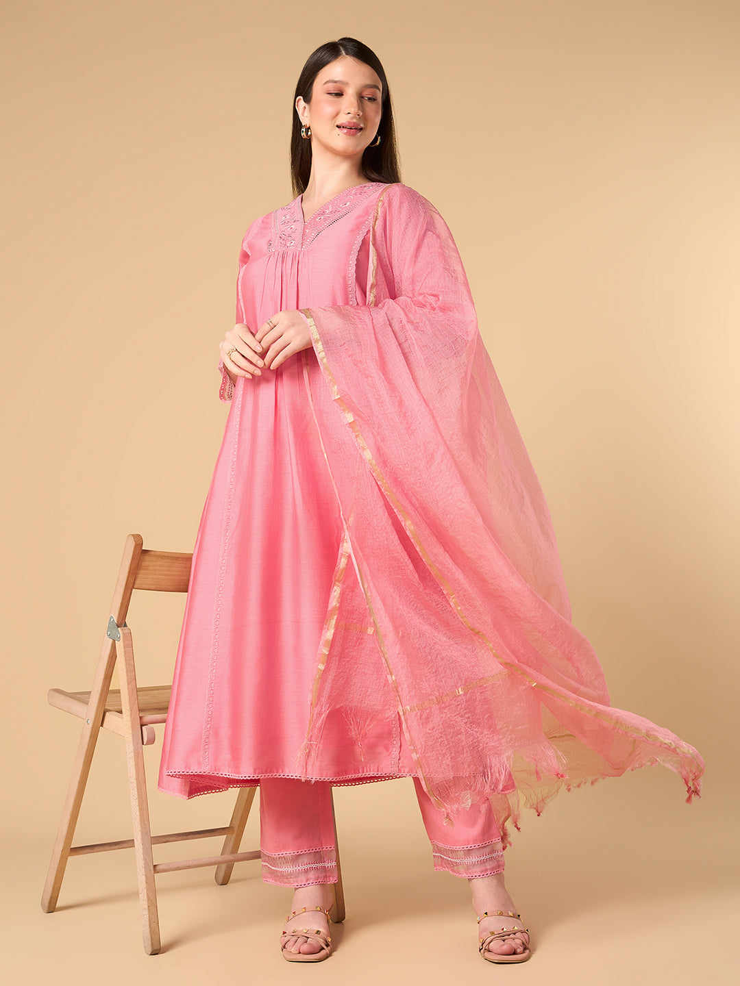 Rose Pink Solid Chanderi Cotton Suit