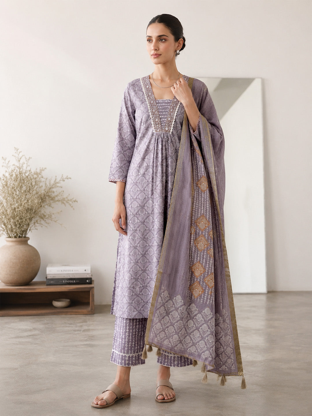 Misty Lavender Floral Block Print Cotton Suit