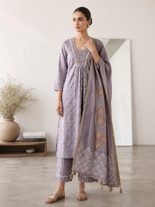Misty Lavender Floral Block Print Cotton Suit
