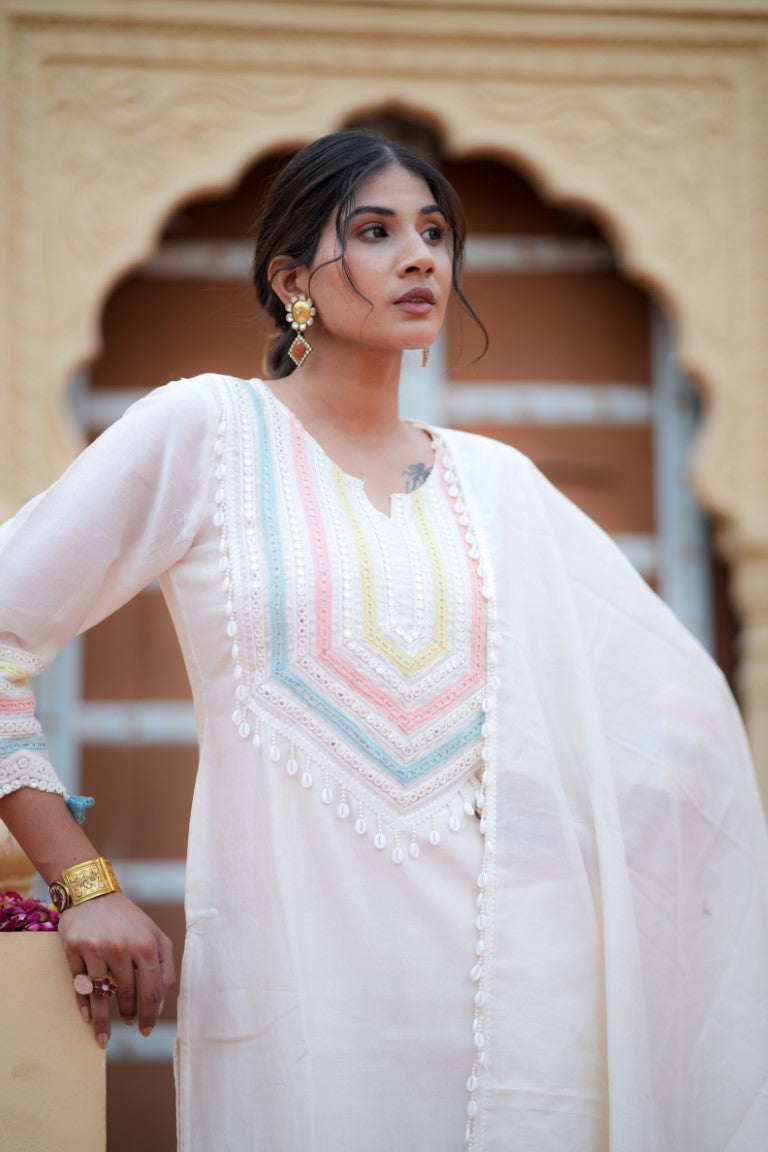 Miraaya Off white Cotton Chanderi Suit