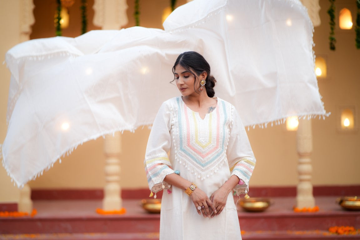 Miraaya Off white Cotton Chanderi Suit