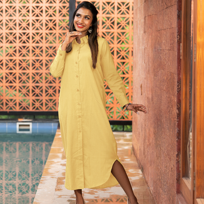 French Pastel Yellow Cotton Shirt Dress