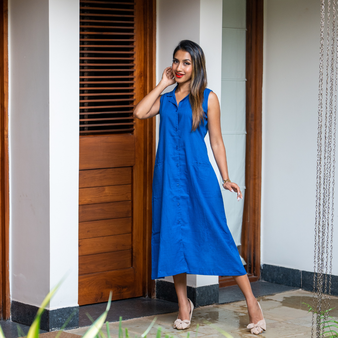 Everyday Royal Blue Straight & Easy Fit Cotton Dress