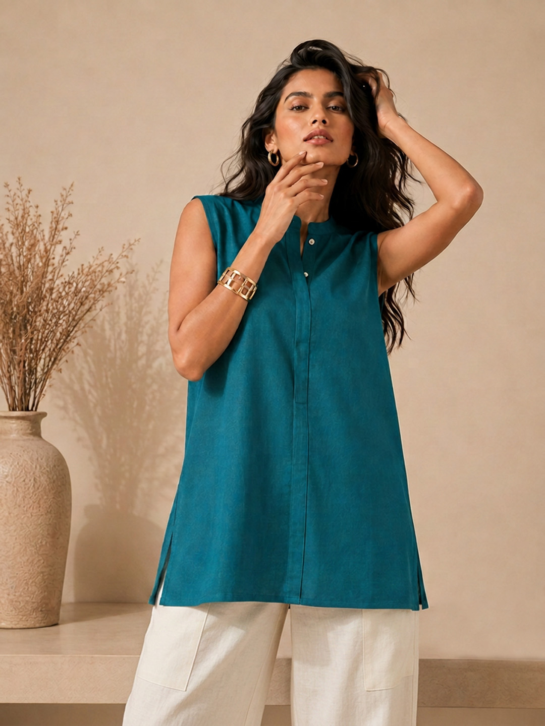 Linen Teal Green Solid Short kurta