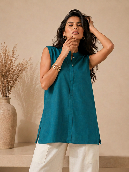 Linen Teal Green Solid Short kurta