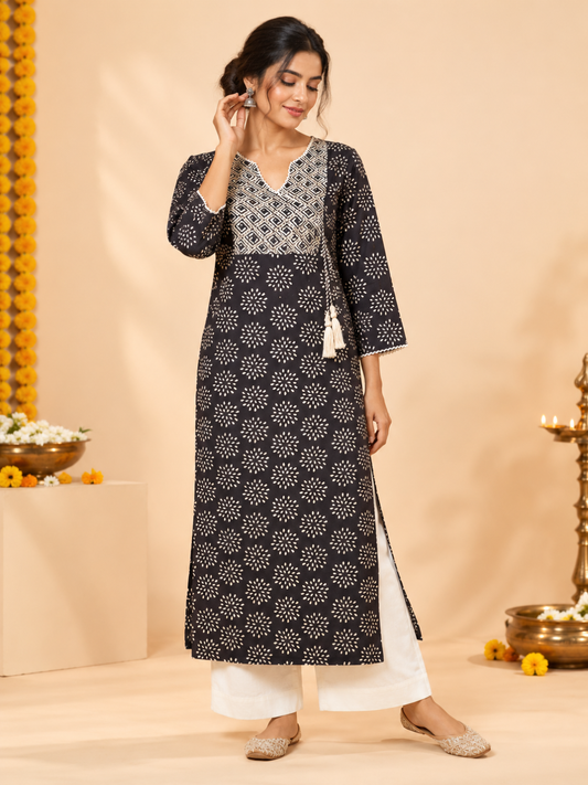 Black Embroidered Rangoli Print Cotton Kurta