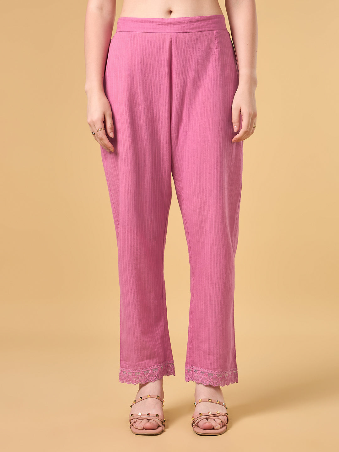 Pink Stripe Embroidered Cotton Suit