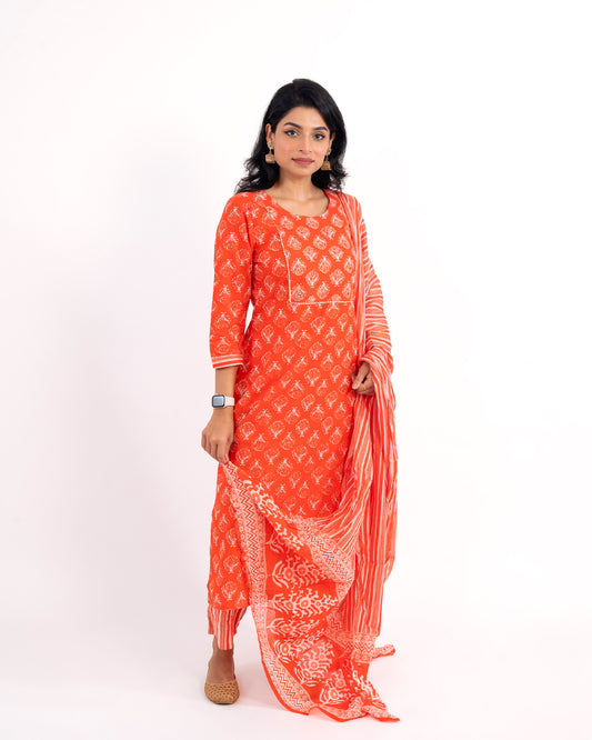 Dark Orange Printed Cotton Suit