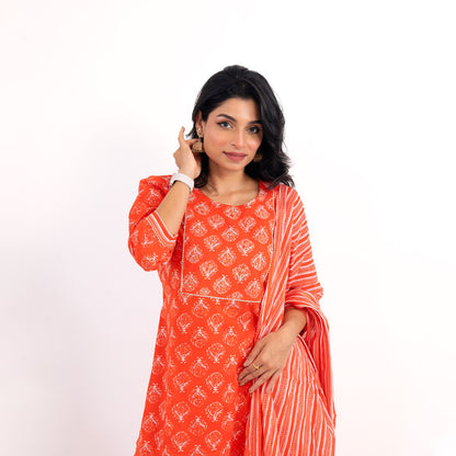 Dark Orange Printed Cotton Suit