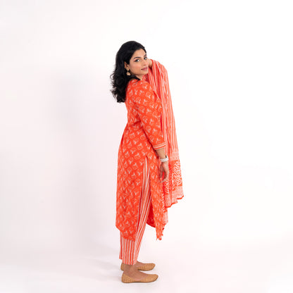 Dark Orange Printed Cotton Suit