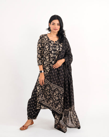 Black Floral Afghani Cotton Suit