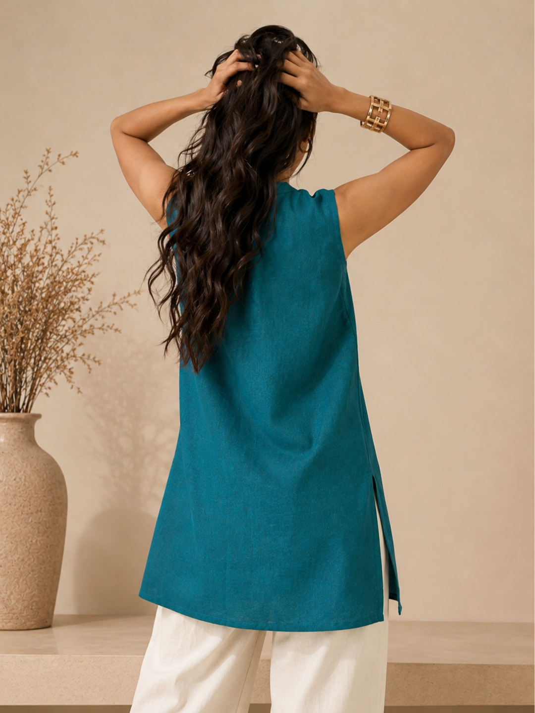 Linen Teal Green Solid Short kurta