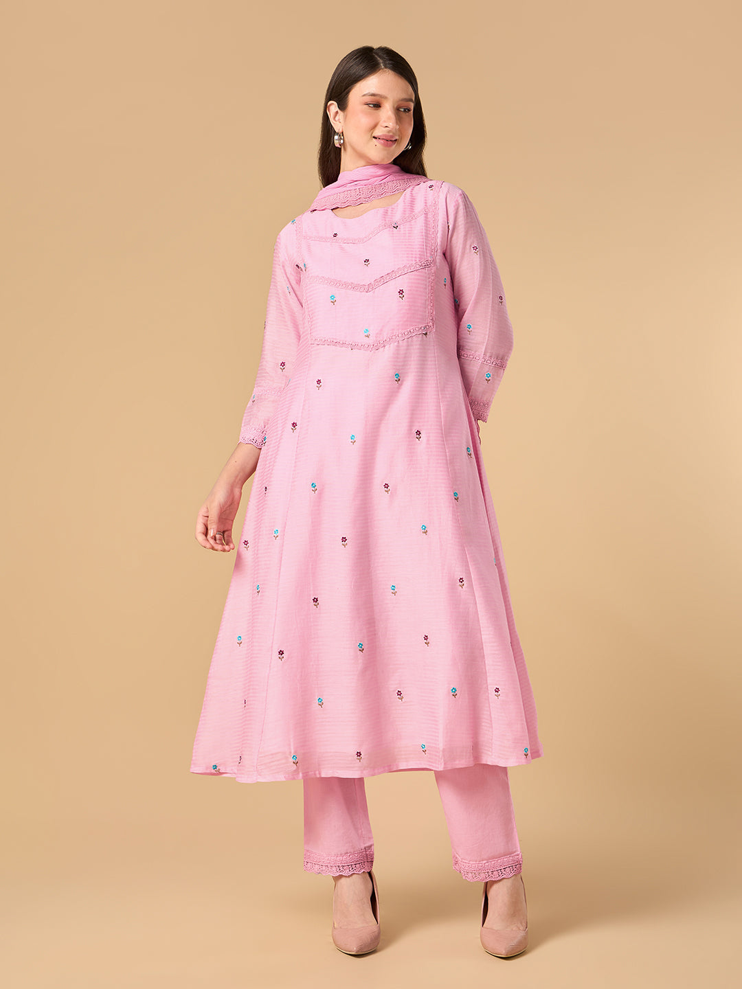 Bubblegum pink Solid Chanderi Cotton Suit