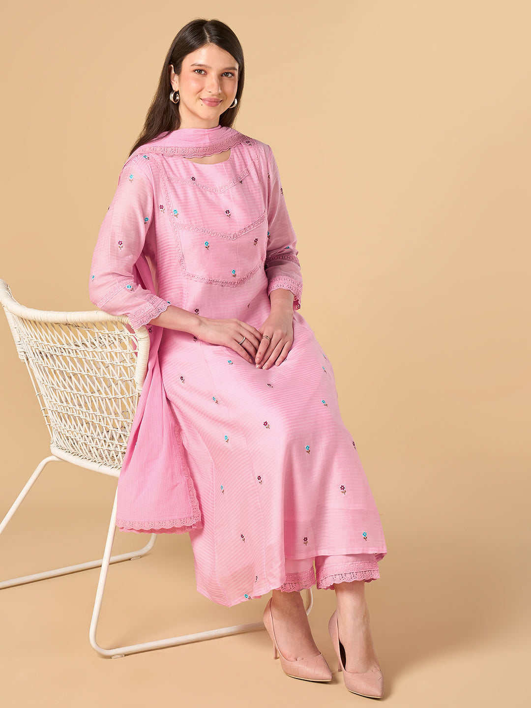 Bubblegum pink Solid Chanderi Cotton Suit