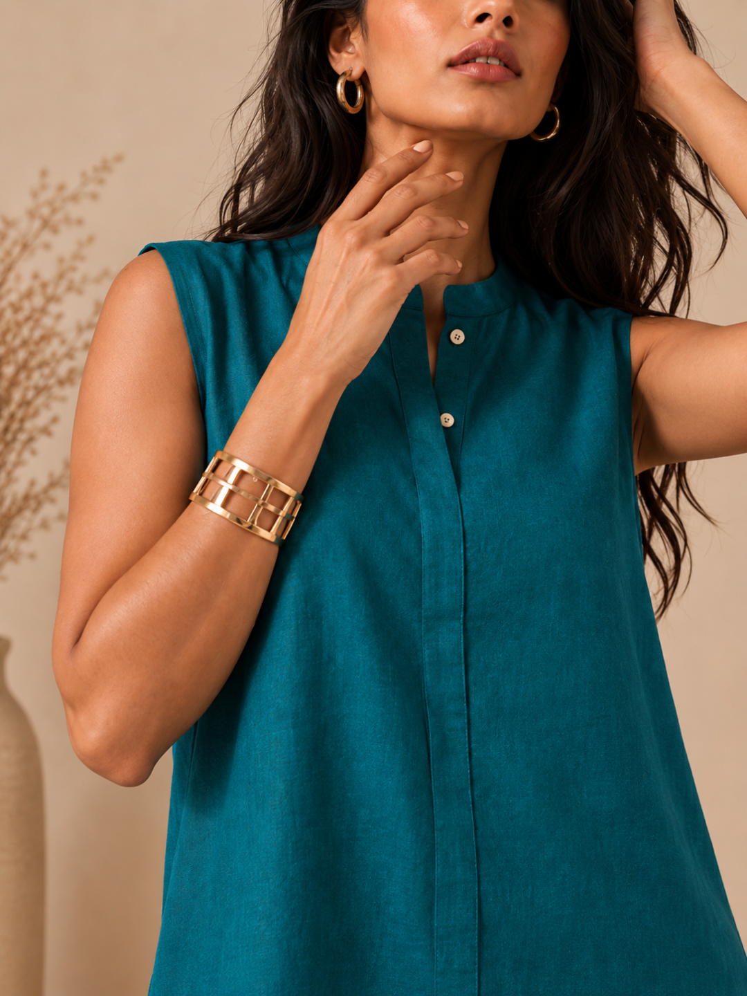 Linen Teal Green Solid Short kurta