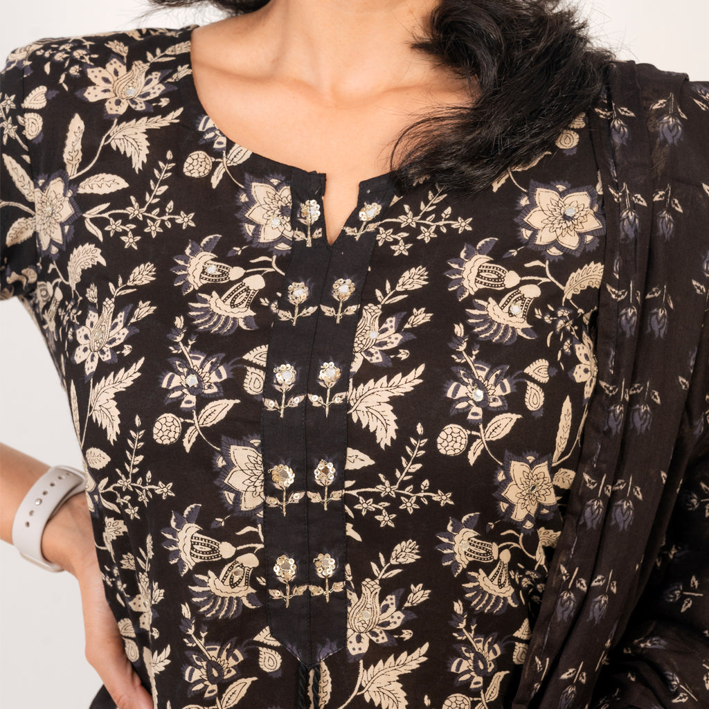 Black Floral Afghani Cotton Suit