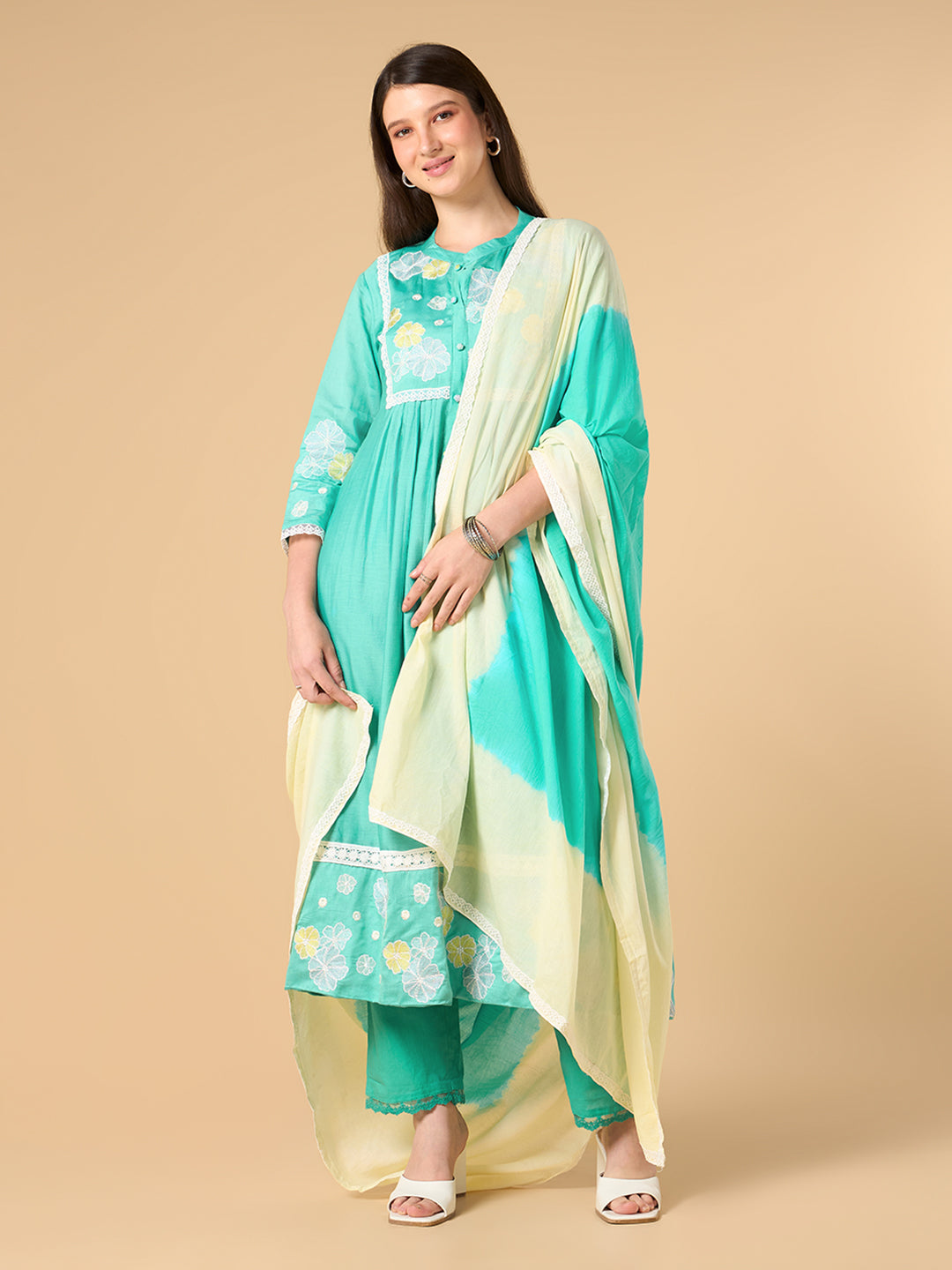 Turquaise Blue Floral Print Chanderi cotton suit