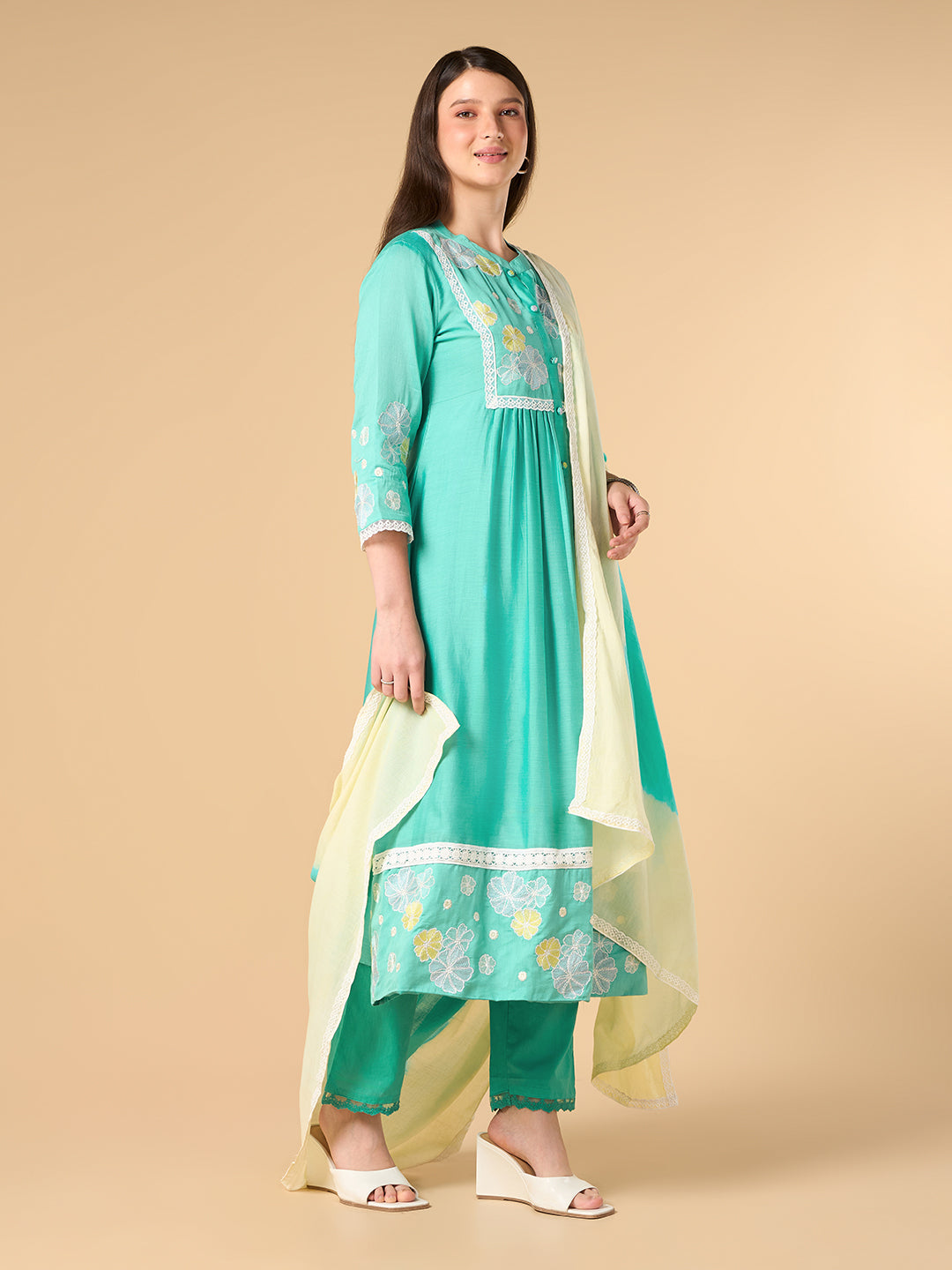 Turquaise Blue Floral Print Chanderi cotton suit