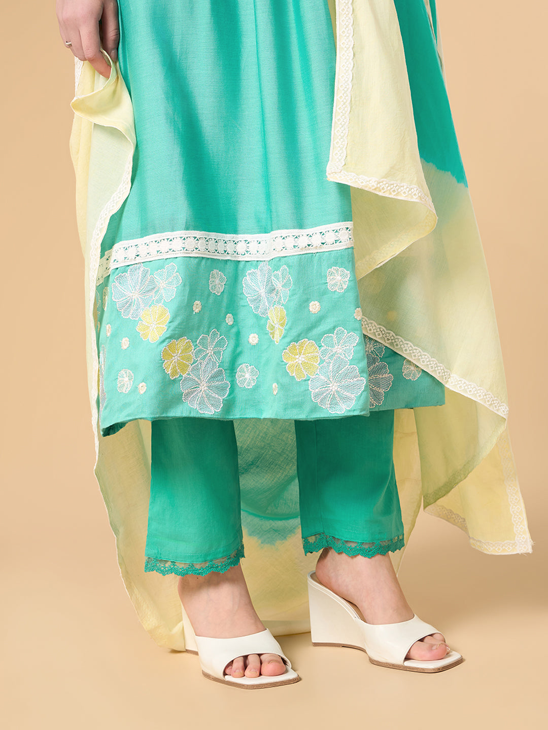 Turquaise Blue Floral Print Chanderi cotton suit