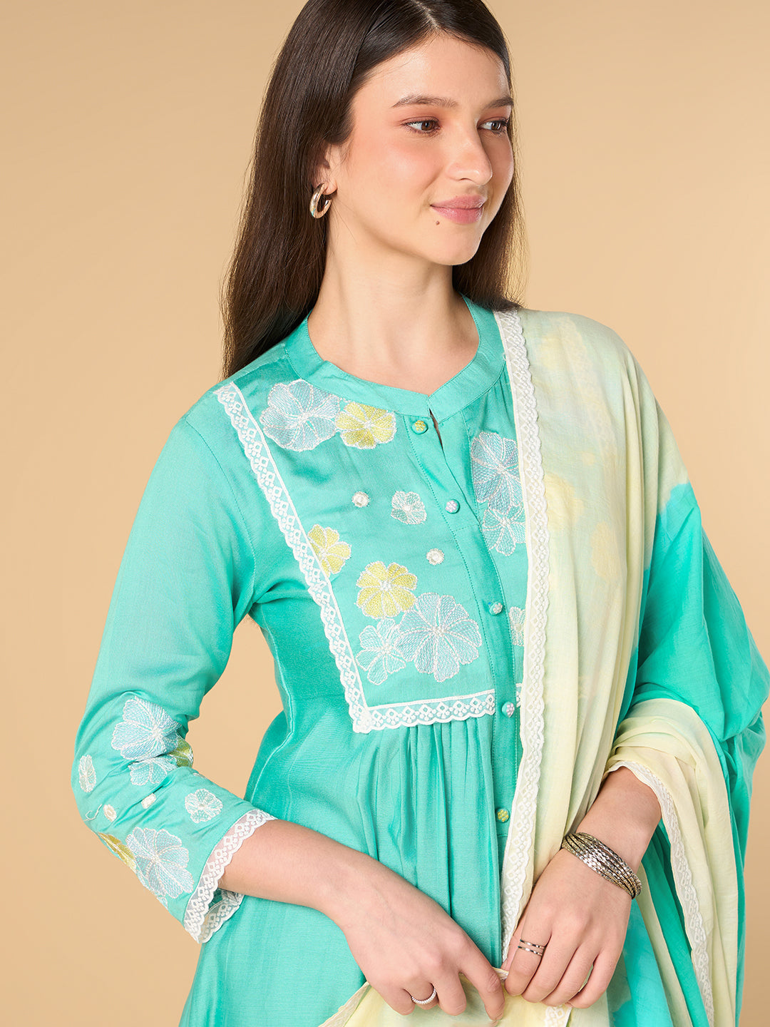 Turquaise Blue Floral Print Chanderi cotton suit