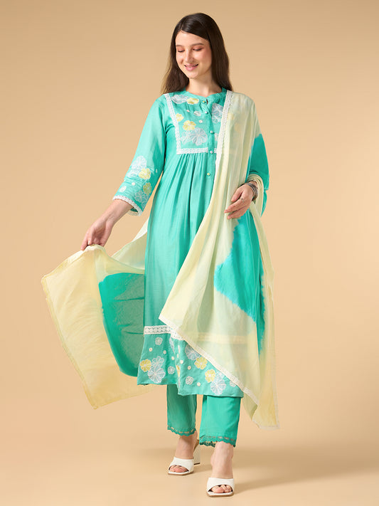 Turquaise Blue Floral Print Chanderi cotton suit